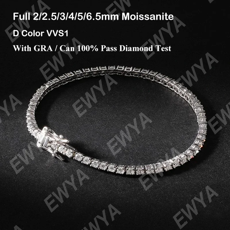 EWYA New In Real D Color Full 2mm 0.03CT Moissanite Tennis Bracelet For Women S925 Silver Plated 18K Diamond Link Bracelets Gift