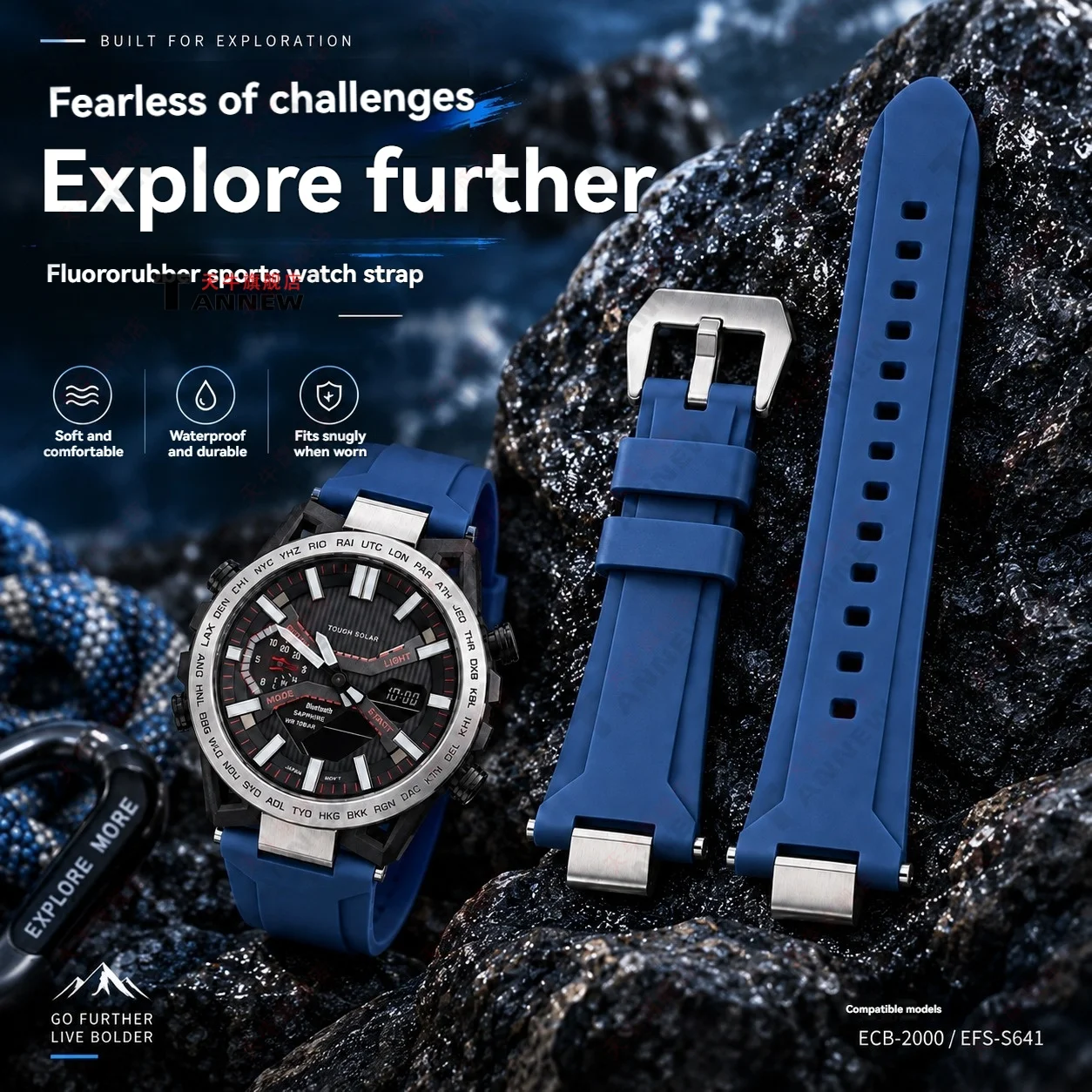FKM Rubber Replacement Watch Strap for Casio EDIFICE ECB-2000 EFS-S641 Waterproof Sport Custom Fit Watch Band for Men