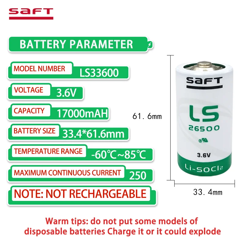 Saft 3,6 V Lithium batterie ls33600 mit Stecker Gaszähler Durchfluss messer plc industrielle Steuergeräte Roboter d-Typ