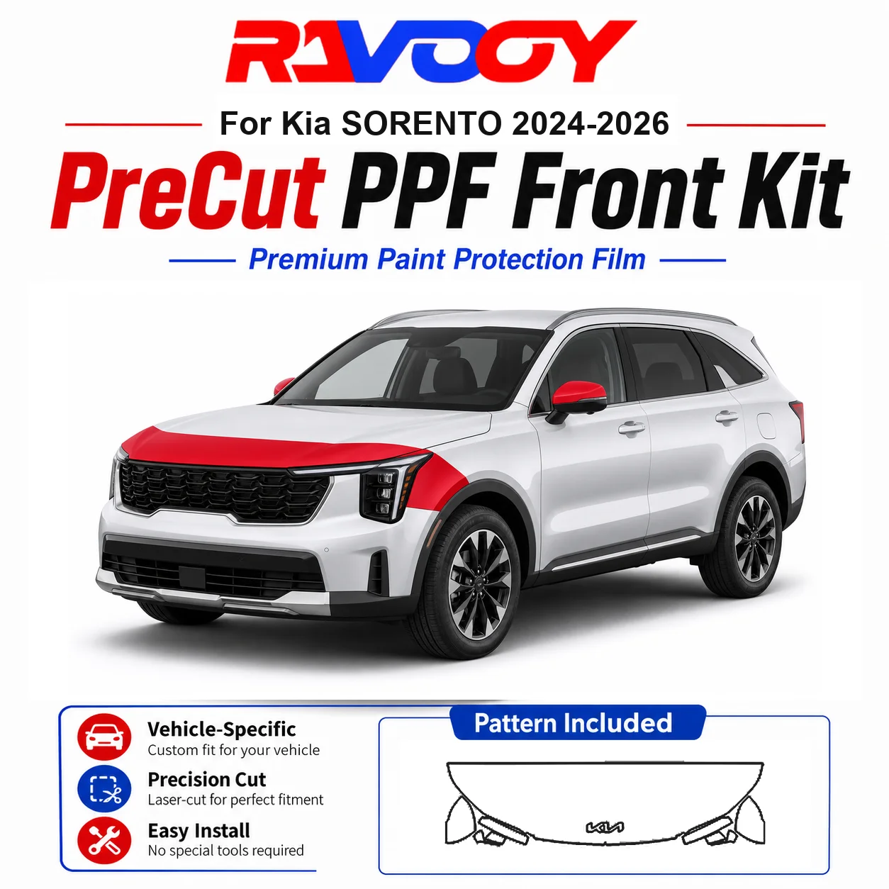 

8.5mil TPU Precut PPF Kit For Kia SORENTO 2024-2026 - Hood, Fenders & Mirror Set - Self-Healing Clear Bra Film