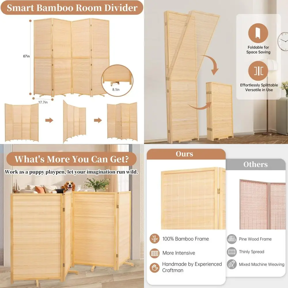 Portable 4-Panel Bamboo Room Divider, 67 Tall, Handcrafted Folding Privacy Screens for Multipurpose Use