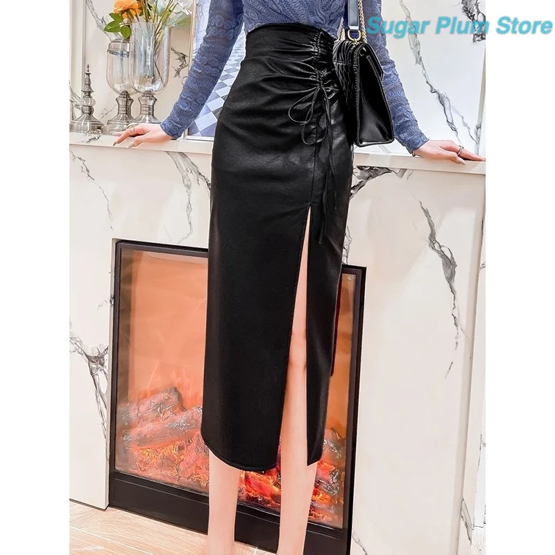 Royal Elder Sister Wind Girl Autumn New High-pocket Hip Split Drawstring Lacing Slim Cover Meat Abdomen Fashion Casual Skirt.