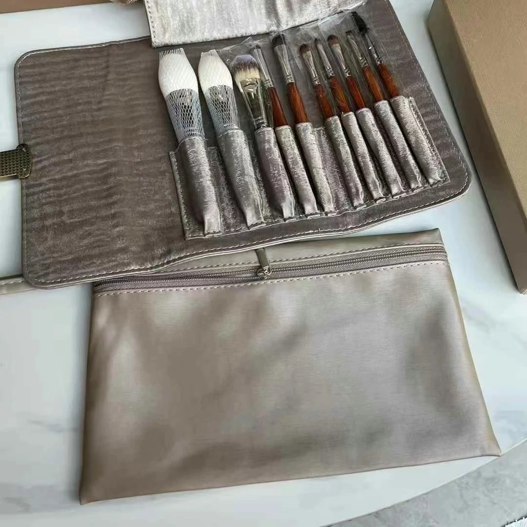 Luxus Marke Make-Up Pinsel Set Massivholz Griffe Wolle Pinsel Köpfe Leder Tasche Foundation Pinsel Mascara Pinsel Lidschatten Pinsel