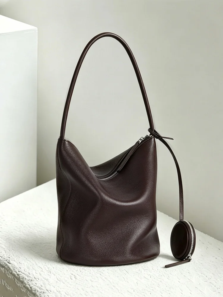 Real Leather Bucket Bag Korean Style Simple Women's Underarm Bag Versatile First Layer Cow Tote Bag with Coin Pouch
