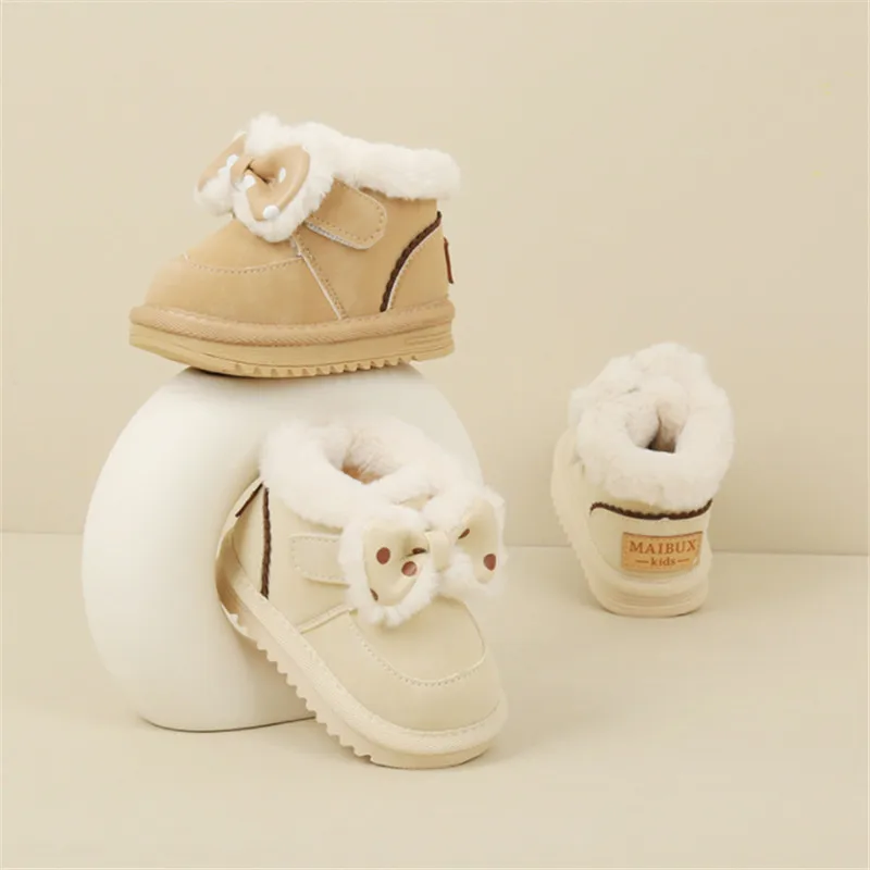 2023 New Winter Baby Shoes For Girls Leather Butterfly-knot Warm Plush Kids Boots Rubber Sole Fashion Toddler Children Snow Boot