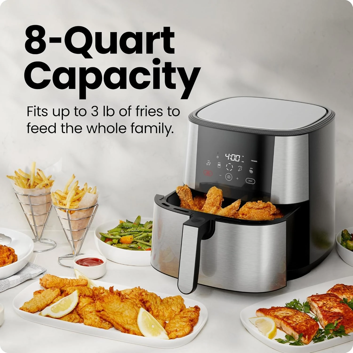 

Touch Air Fryer, XL 8-Qt Family Size, One-Touch Digital Control Presets, French Fries, Chicken, Meat, Fish