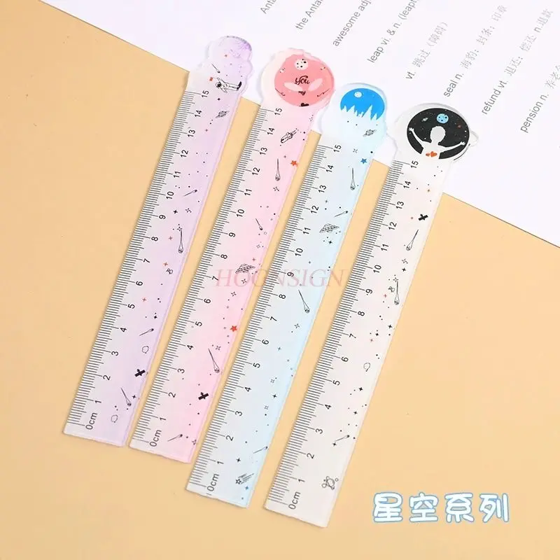 4pcs Cartoon Cute Ruler, Alien Straight Ruler, Elementary School Student Transparent Grid Ruler, Multi functional Measuring Tool