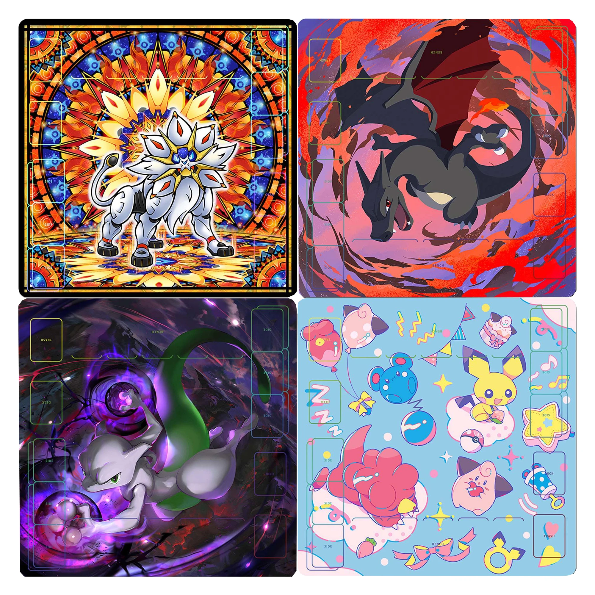 

Игровой коврик для карточных игр PTCG 600x600x2 мм: Двойная игровая доска для дуэлей с Райчу, Мьюту, Мейоу, Синтией. Подарок, игрушка.