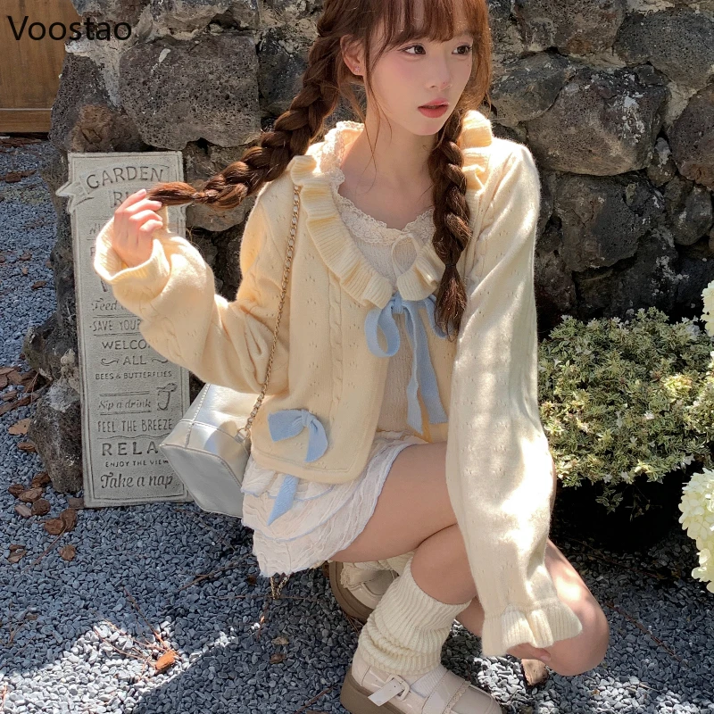 Japanese Sweet Lolita Knitted Cardigan Autumn Winter Women Kawaii Ruffles Collar Bow Sweater Crop Coat Girls Cute Knitwear Tops