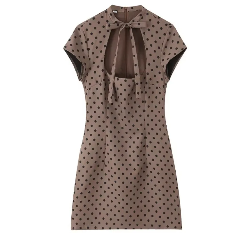 Женское мини-платье в горошек с высоким воротником, завязками на спине и рукавами-крылышками, облегающее, для вечеринок, винтажное, элегантное, летнее платье-сарафан