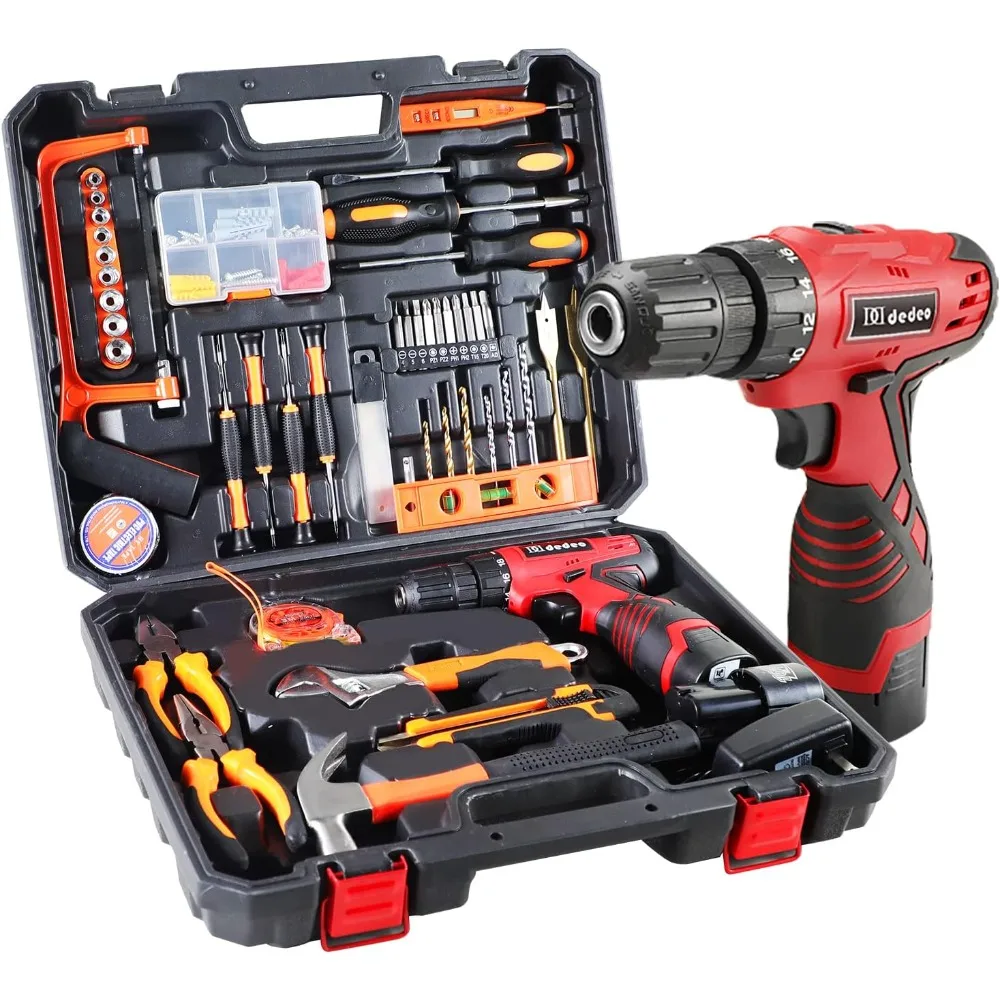 Tool Set with Drill, 108Pcs Cordless Drill Household Power Tools Set with 16.8V Lithium Driver Claw Hammer Wrenches Pliers