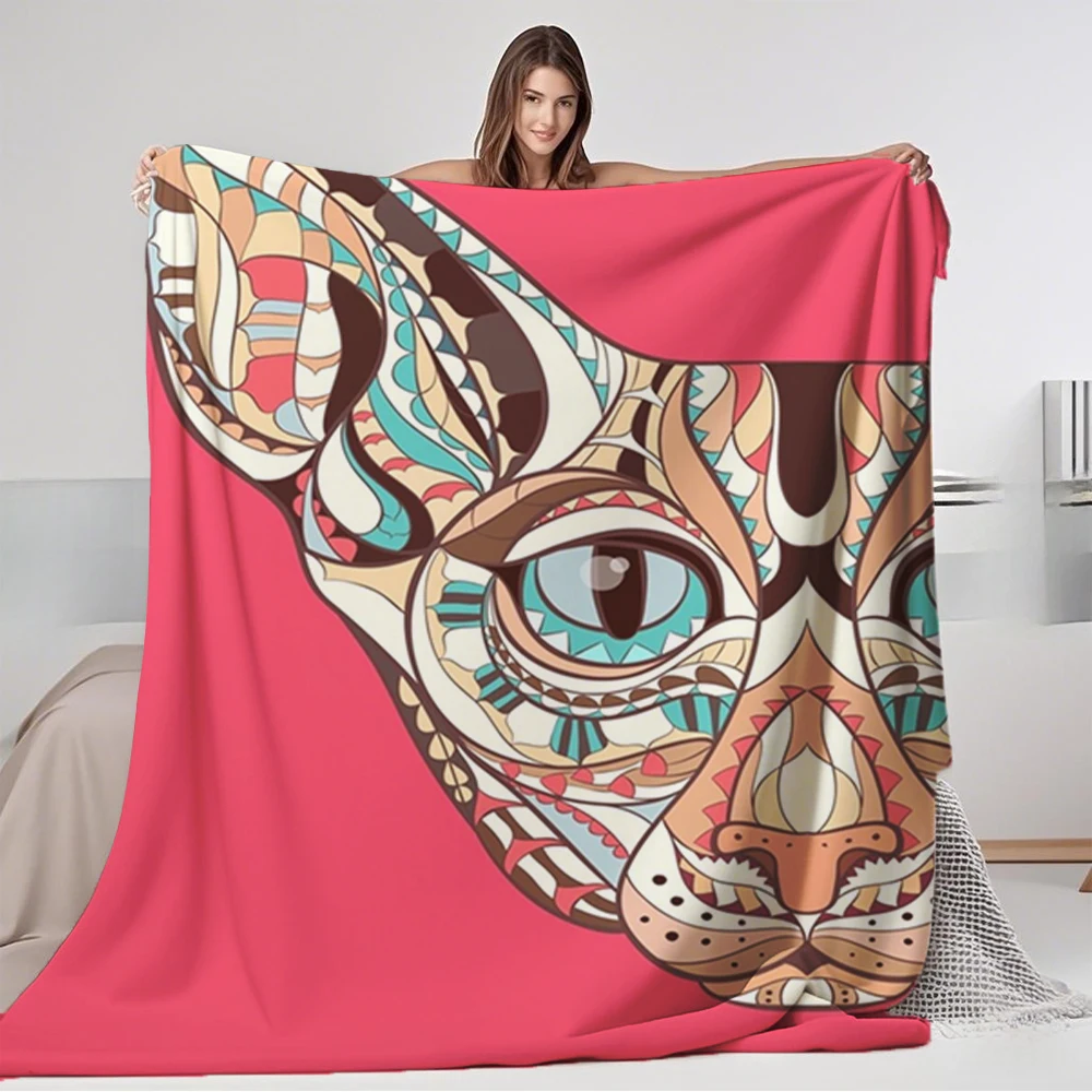 

Retro Flannel Blanket Ethnic Sphynx Cat Bedcover Luxury Throw Machine-washable Durable Blankets For Adults Airplane Camping