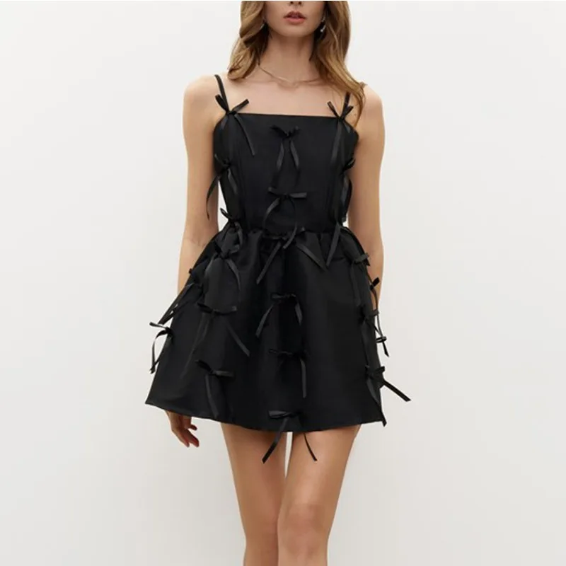 

Talenza Black Bow Dress Women's Sexy One Shoulder Backless Sleeveless Spaghetti Strap Dress Fashion Elegant Party Mini Dresses