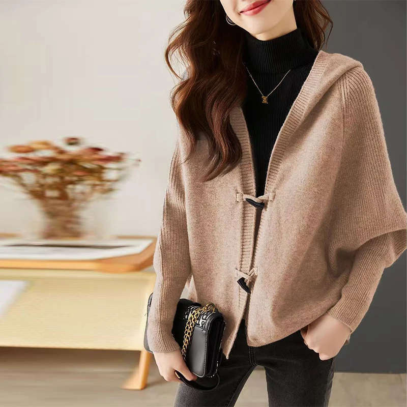 

Preppy Style Women Hooded Knitted Cardigan Autumn Winter Sweaters Tops Elegant Office Lady Long Sleeve Jumper Streetwear Coat