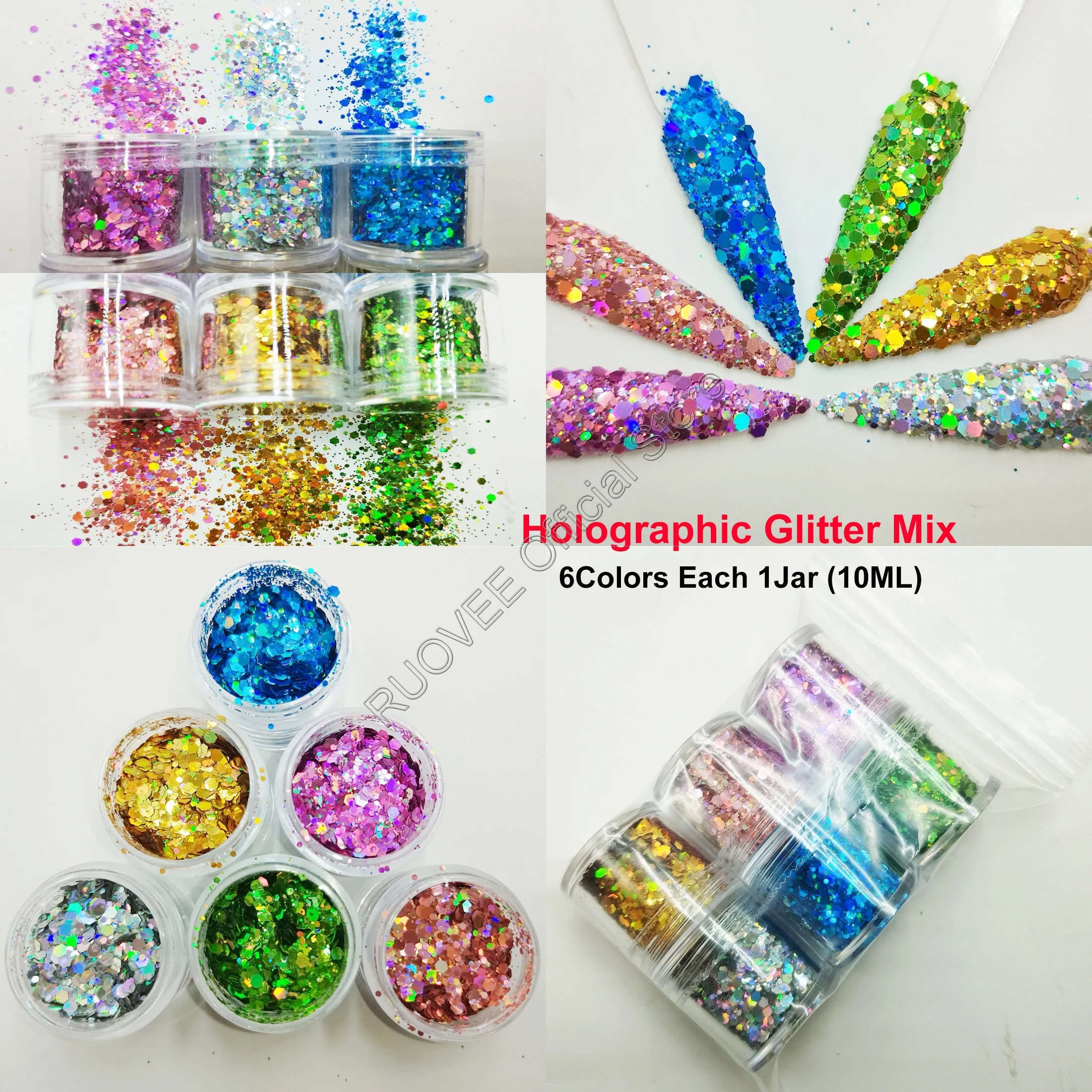 6Color SET 10ML BOX Holographic Laser Nail Glitter Mix Hexagon Chunky Paillette Shape for Art Body Makeup Craft Facepainting DIY