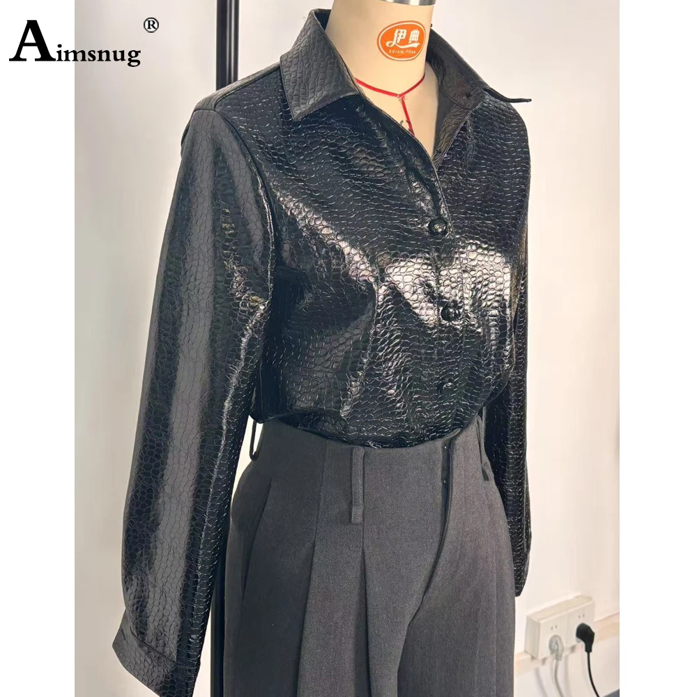 Estilo europeu 2025 moda feminina camisas de couro do plutônio manga longa pele de cobra impressão blusa senhoras turn-down colarinho topos blusas femmes