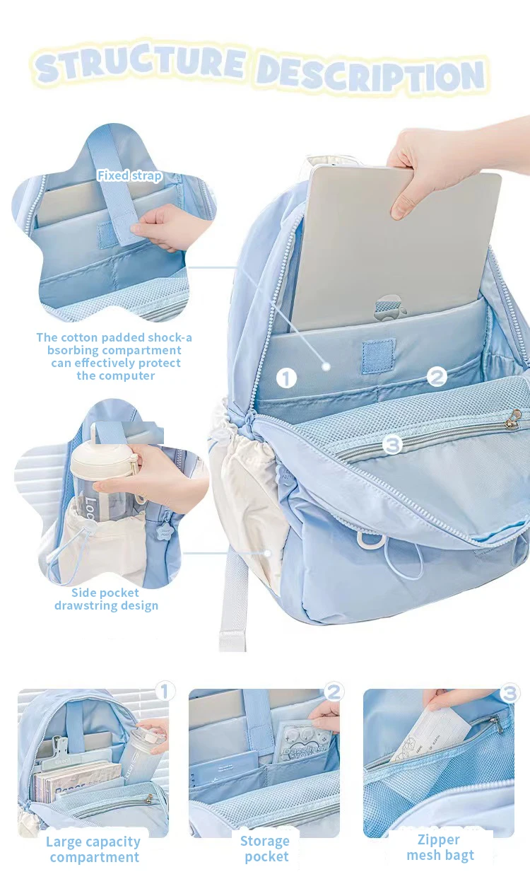 Cremefarbener Rucksack für Studenten mit hohem Erscheinungsbild, einfaches und niedliches Design, großer Rucksack, leicht und schmerzhaft – Detail 8
