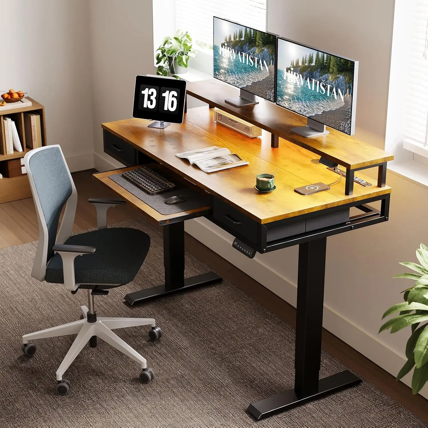 Brand new 55 Inch Standing Desk with Drawers & Keyboard Tray, Rustic Brown