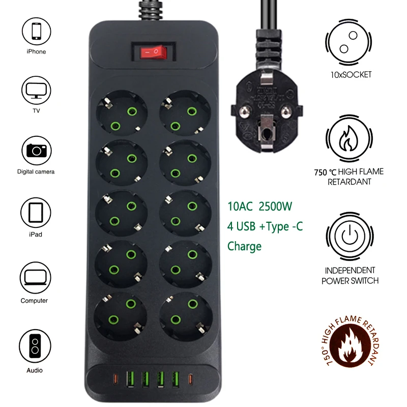 EU Plug 3/4/5/6/8/10AC Outlets Power Strip Multiprise Home Extension Cord Electrical Socket 3/4 USB+1/2 Type-c Port Charge