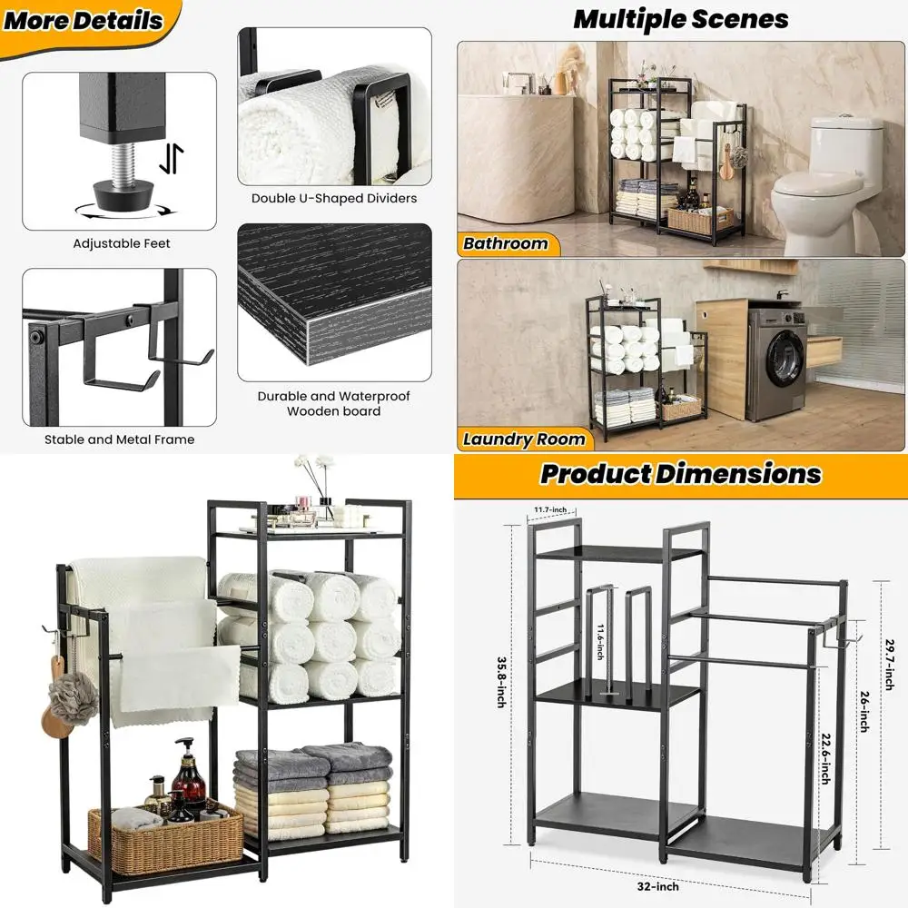 

3-Tier Freestanding Towel Rack Organizer with Removable Dividers for Bathroom, Black