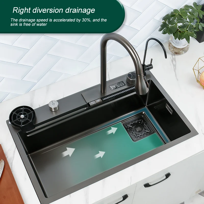 Fregadero de cocina de acero inoxidable con pantalla Digital, lavabo multifunción con grifo de cascada para apartamento, individual, grande