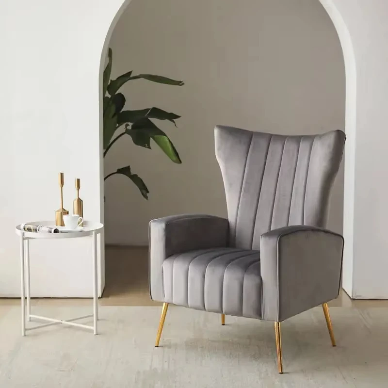 Hochwertiger, bequemer und weicher, luxuriöser nordischer Metall-Legs-Kissen-Arm-Akzent-Stuhl für Wohnzimmer