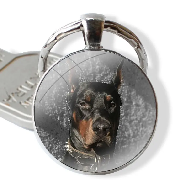 Black animal Doberman Pinscher Dog Glass Metal Pendant Key Chain Classic Men Women Key Ring Accessories Jewelry Gifts