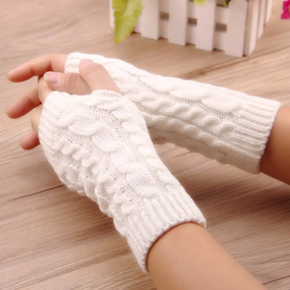 Women Girls Arm Warmers Fingerless Gloves Thick Warm Elastic Button Mitten Twist Fingerless Mittens