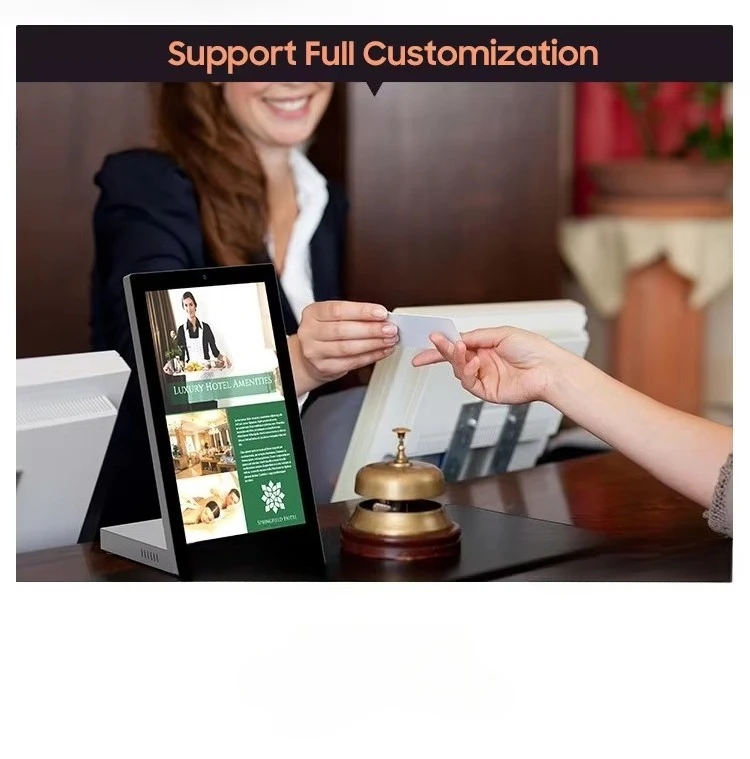 Venta directa de fábrica, pantalla táctil portátil para publicidad de sobremesa, kiosco de registro en hotel, kiosco de autoservicio táctil