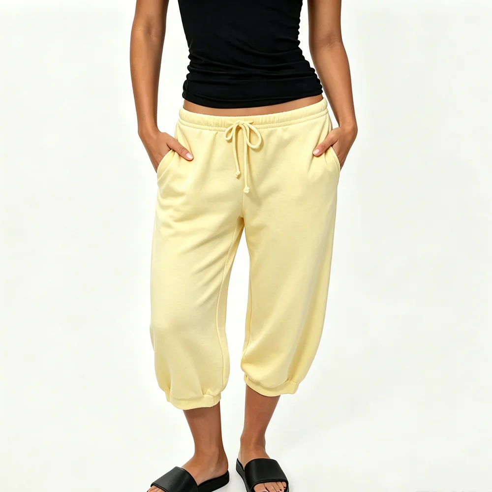 Solid-color summer short-style one-piece jogging pants - Women's casual high-waisted lace-up pants - Pockets on the waistband