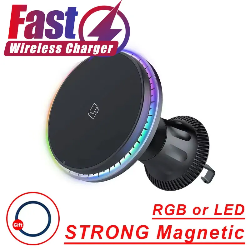 Magnetic Car Wireless Charger RGB For iPhone12 13 14 15 16 17 Pro Max Macsafe Car Phone Holder Stand Mount Fast Charging Station