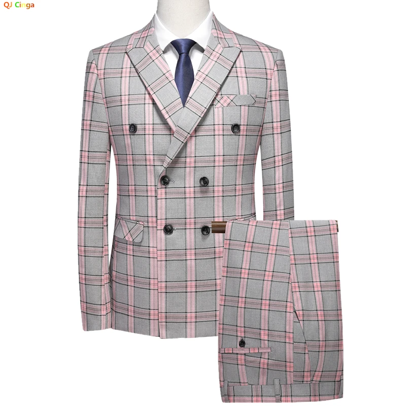 Red Men\'s Striped Plaid Suit 2-piece, Wedding Party Dress Jacket and Pants, Fashion Slim Men Blazer Coat Trousers 5XL 6XL