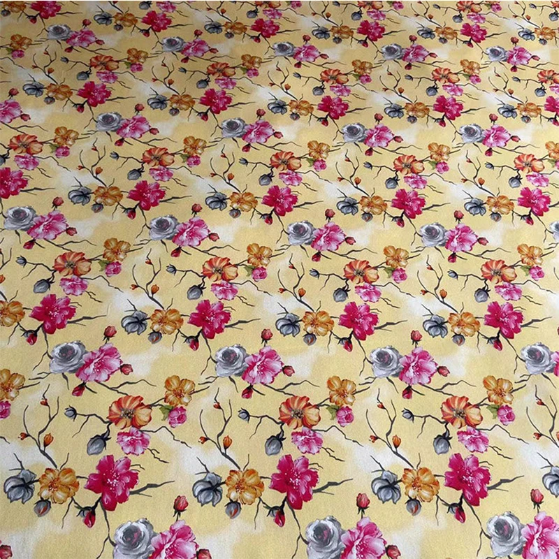 

1 meter 90% Mulberry Silk 10% Spandex 19 momme Charmeuse Silk Fabric Yellow Floral Printed 140cm 55" wide by the yard XY014