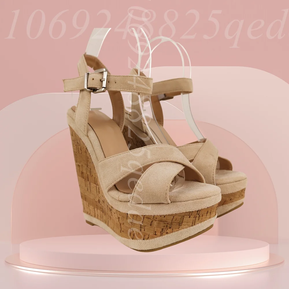 

Summer Open-Toe Wedge Heels Sandals Beige Faux Suede, Cork Heel, Adjustable Ankle Strap Women Shoes 2026 Zapatos Para Mujere