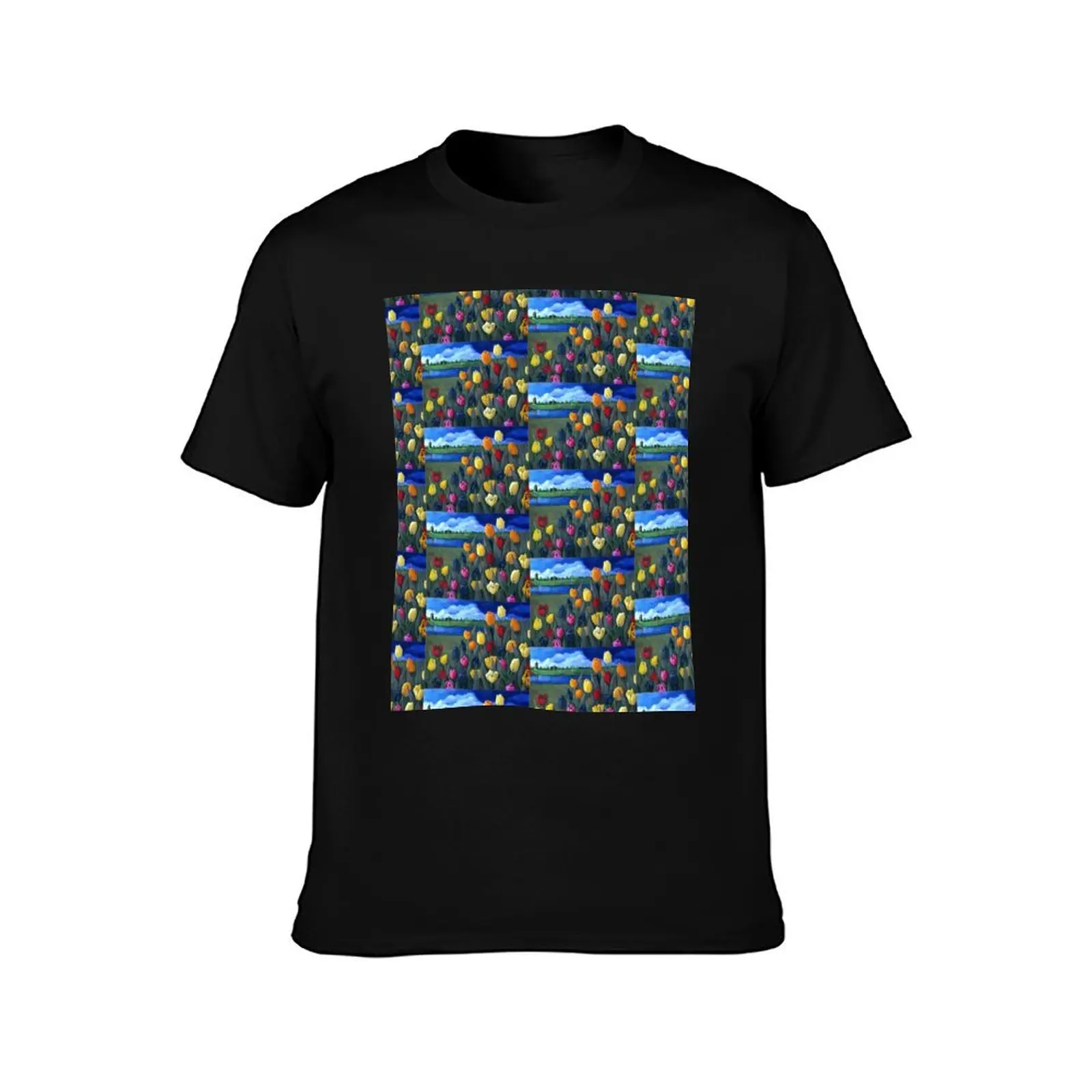 Dutch Tulips Flowers Original Floral Painting Holland Windmill T-Shirt Summer Casual Cotton Tee Oversized Streetwear Tops