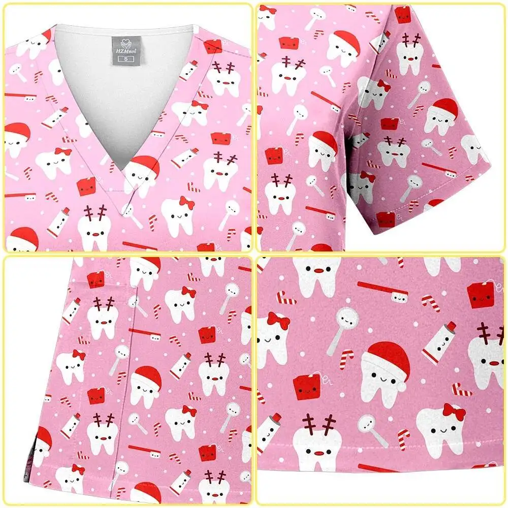 Świąteczny Nadruk Koszulka Damska Męska Strój Roboczy Dentysty Pielęgniarki Uniform Medyczny Koszulka Medyczna Damska Odzież Robocza do Szpitala Dentystycznego