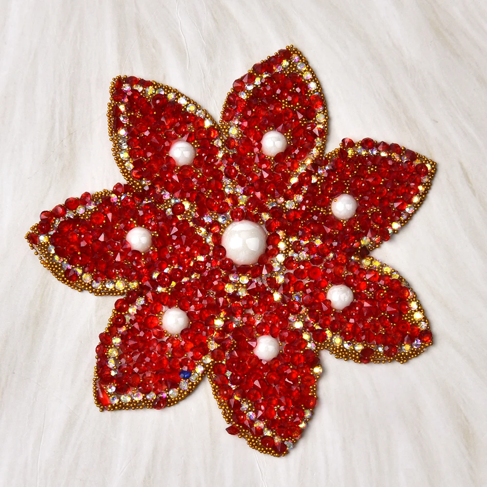 5pcs Pearl Caviar Beads Rhinestone Flower Motifs Patches Applique Iron On For Clothing Sticker Diamond Accessories