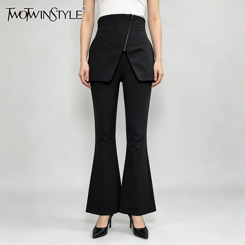 TWOTWINSTYLE Solid Slimming False Two Piece Set for Women High Waist Leg Pant Patchwork Zipper Skirt Sets Female Fashion Style