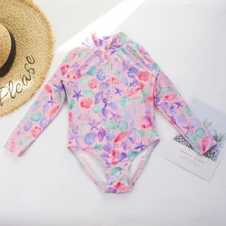 1-5 Year 1-piece Quick-Drying Shell Print Sunscreen Girls Swimsuit Zipper High Stretchy Long Sleeved Round Neck Kids Swimwear ﻿