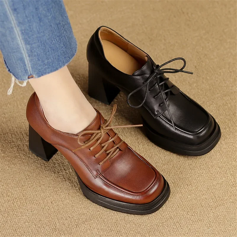 2024 New Spring/Autumn Square Toe Chunky Heel Genuine Leather Women Pumps Lace Loafers Shoes For Women Ladies Shoes High Heels