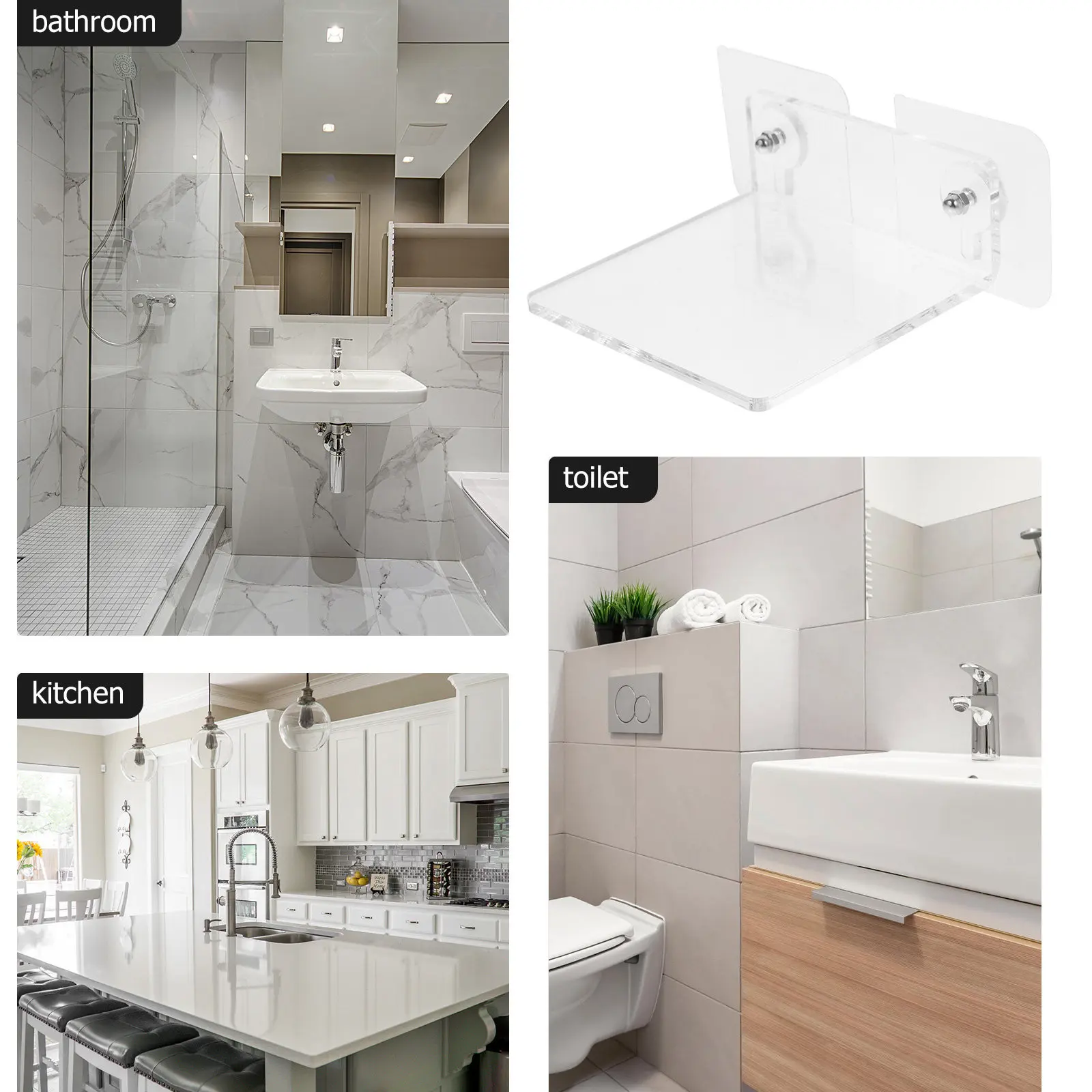 Acrylic Floating Shelf Bathroom Wall Storage Rack Punch Free Organizer Holder for Toothbrush Toothpaste Cups