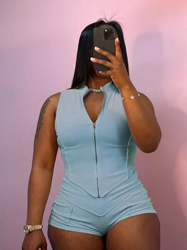 Kliou Set Celana Pendek Wanita Musim Panas Kasual Tank Top Ritsleting Tidak Teratur Aktif Solid + Bawahan Melar Mujer Basic Matching Street 2 Potong