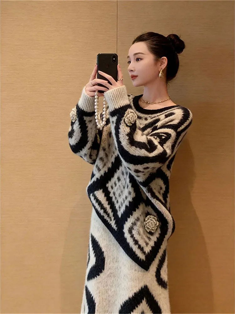 

Spring New Loose round Ne Floral f Skirt Set Women's Faion Casual Sle Color Blo Top Bot Ensemble