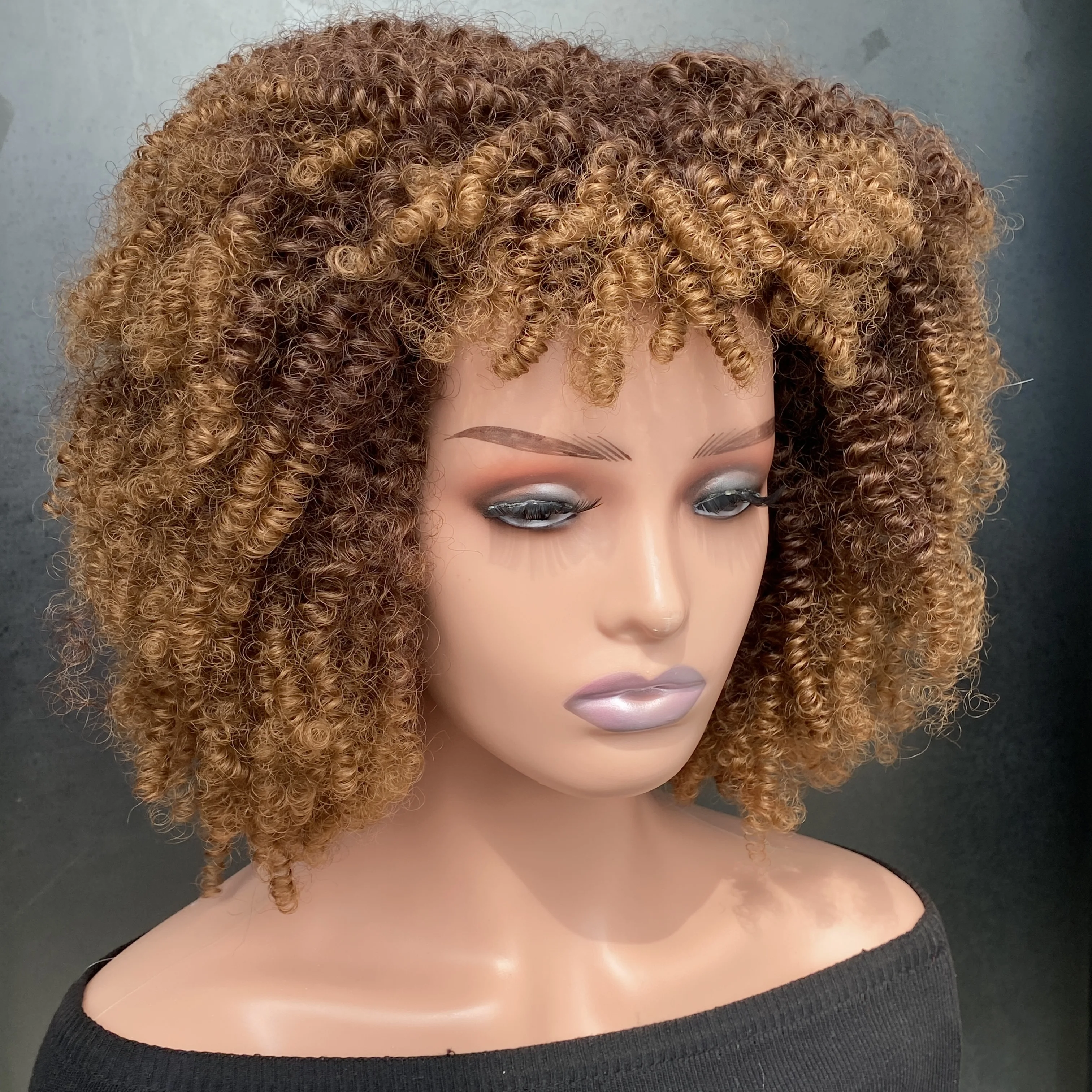 14 Inches Curly Wigs Synthetic Hair for Black Women Curly Wig with Bangs Glueless Afro Wig Big Kinky Curly Wig Replacement Wigs