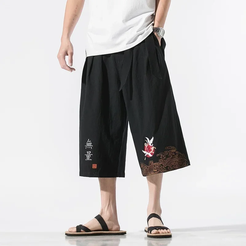 Embroiedry Chinese Style Casual Pants Mens 2024 Summer Linen Loose Chinese Trousers Male Oversize Calf-Length Pants 5Xl  MN7