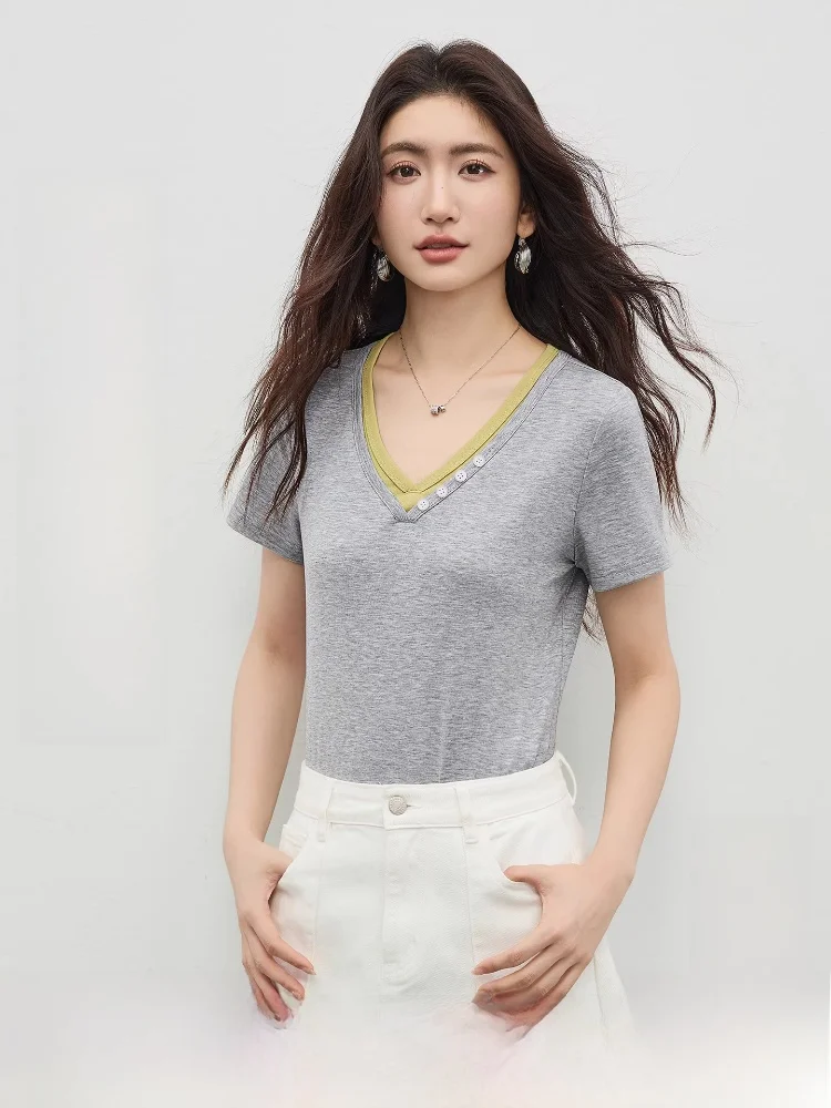 

Raysel Double Layer V-Neck Knitted T-Shirt Women's Elastic Short Top Summer Fashion Simple Style Universal Fit Straight Cut