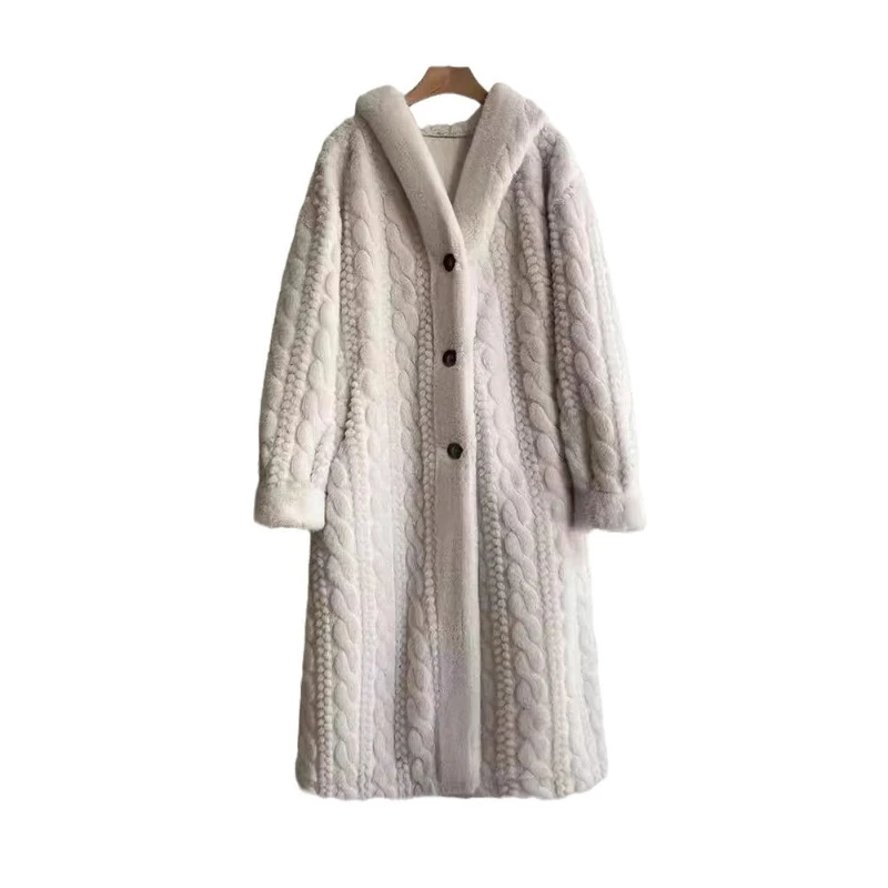 الخريف والشتاء جديد الإفراط في الركبة المنك المخملية تويست المنك مقنعين الفراء المتكاملة الفراء سترة معطف الفرو النساء سميكة