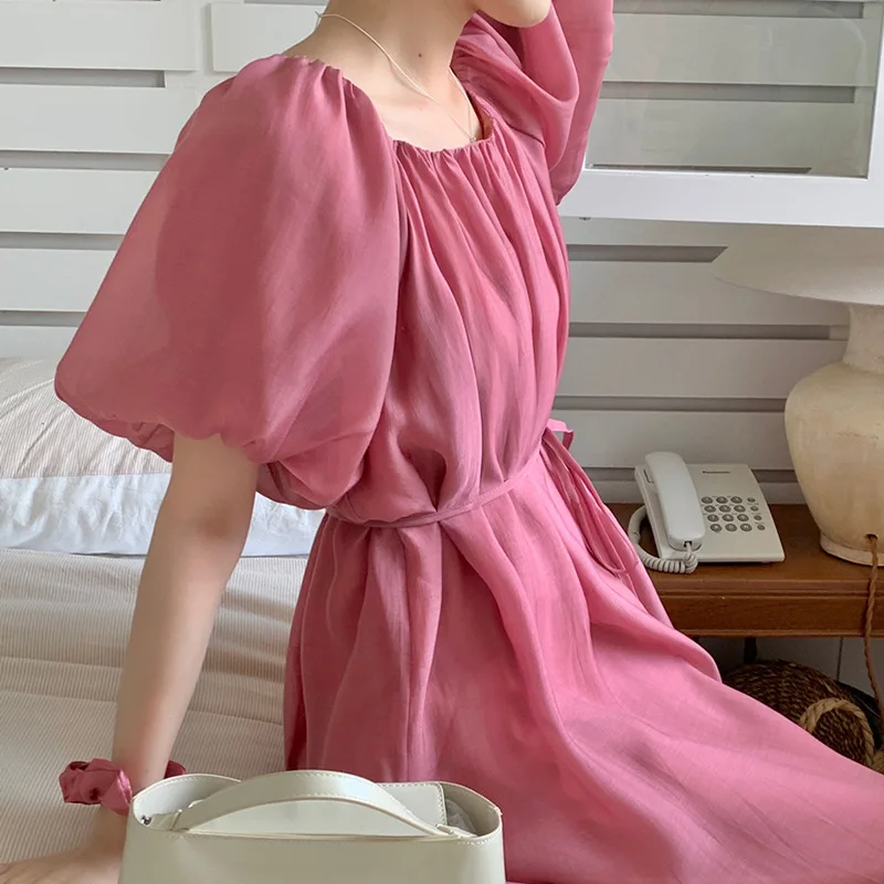 

2026 Spring and Summer Elegant Sweet and Soft Bubble Sleeves One-word Shoulder Strap Pleated Dress