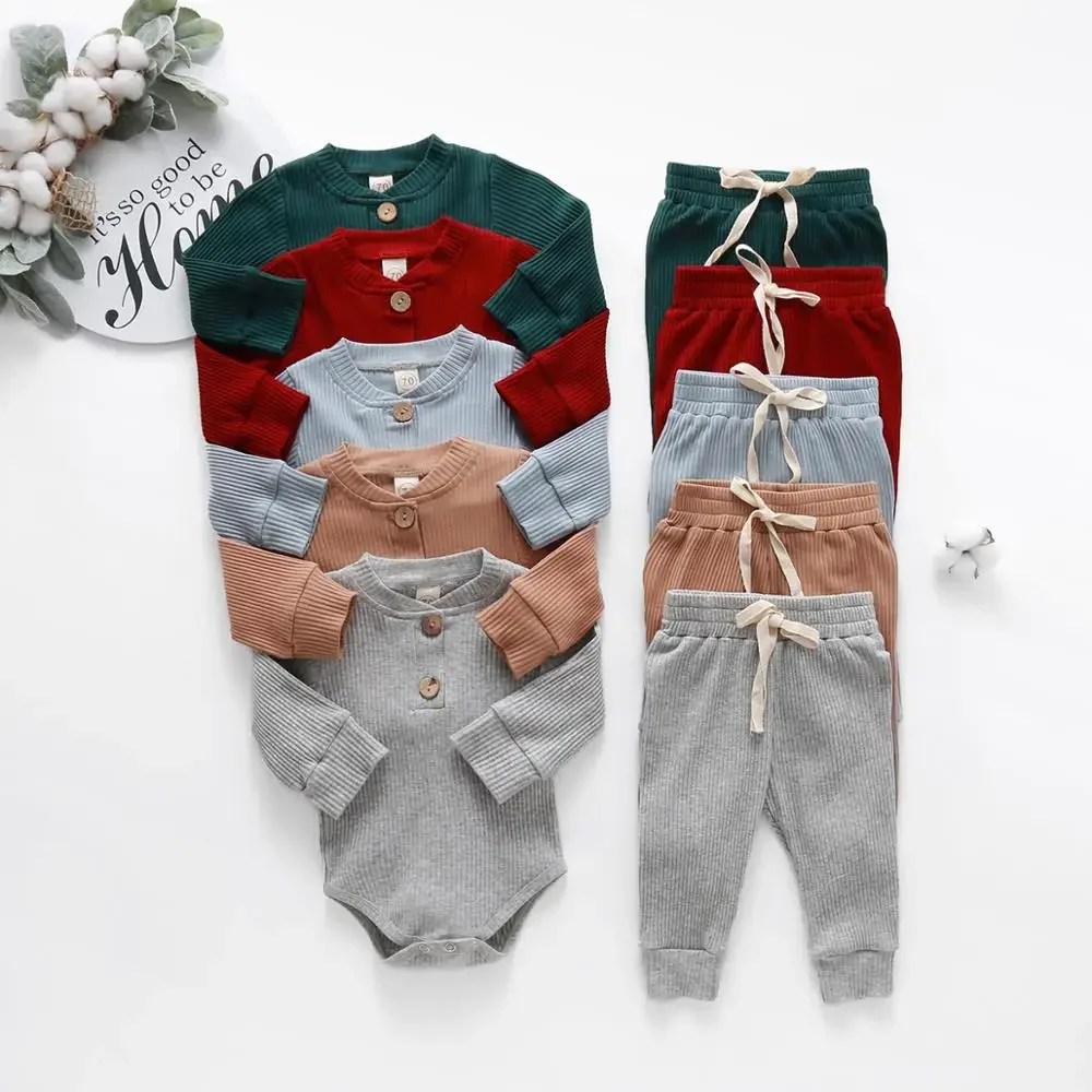 

0-24M Unisex Newborn Spring Autumn 2PCS Set - Ribbed/Plaid/Solid Long-Sleeve Bodysuit + Elastic Pants