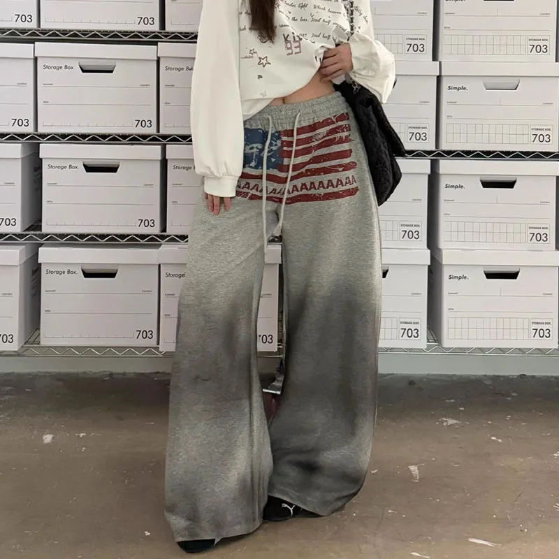 Fashion Street Trend Straight Trousers American Dirty Dyed Creative Make Old Print Loose Pants Hip Hop Autumn Winter Y2K Slacks